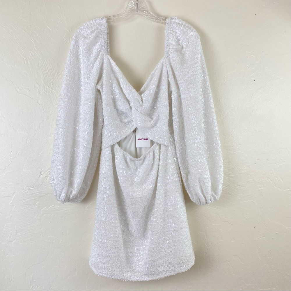 Novan NWT Size Small Santiago White Sequin Glitter Puffy Full Sleeve Mini Dress